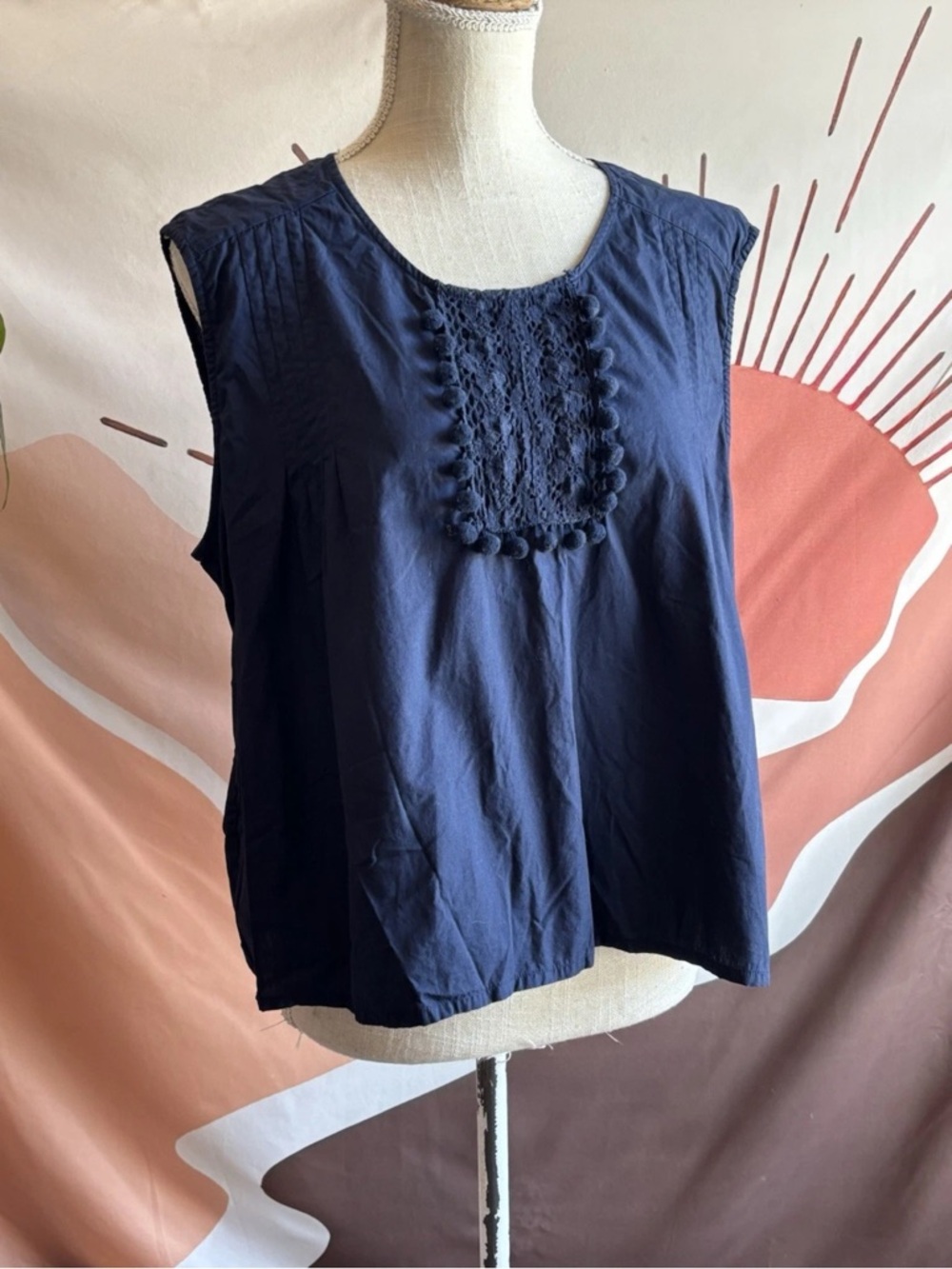 France’s Valentine Top Women’s Size XL Navy Pom Pom Lace Designer Shirt Blouse